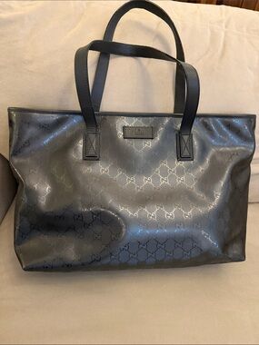 Gucci Shimmery Imprime Gray GG Monogram Patent Tote
